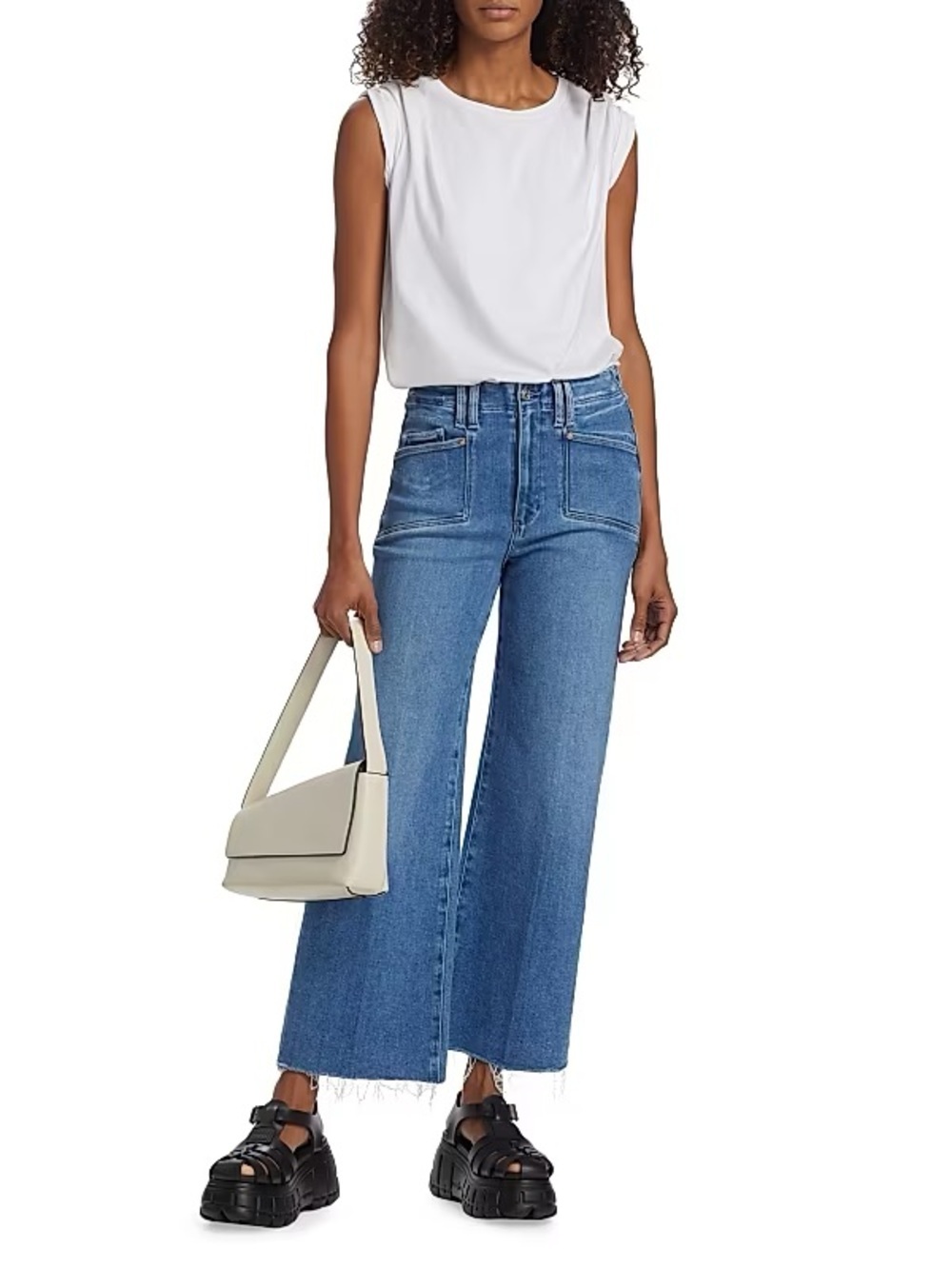 PAIGE Medium Blue Anessa High Rise Wide Leg Patch Pocket Crop Jeans - 30 W
